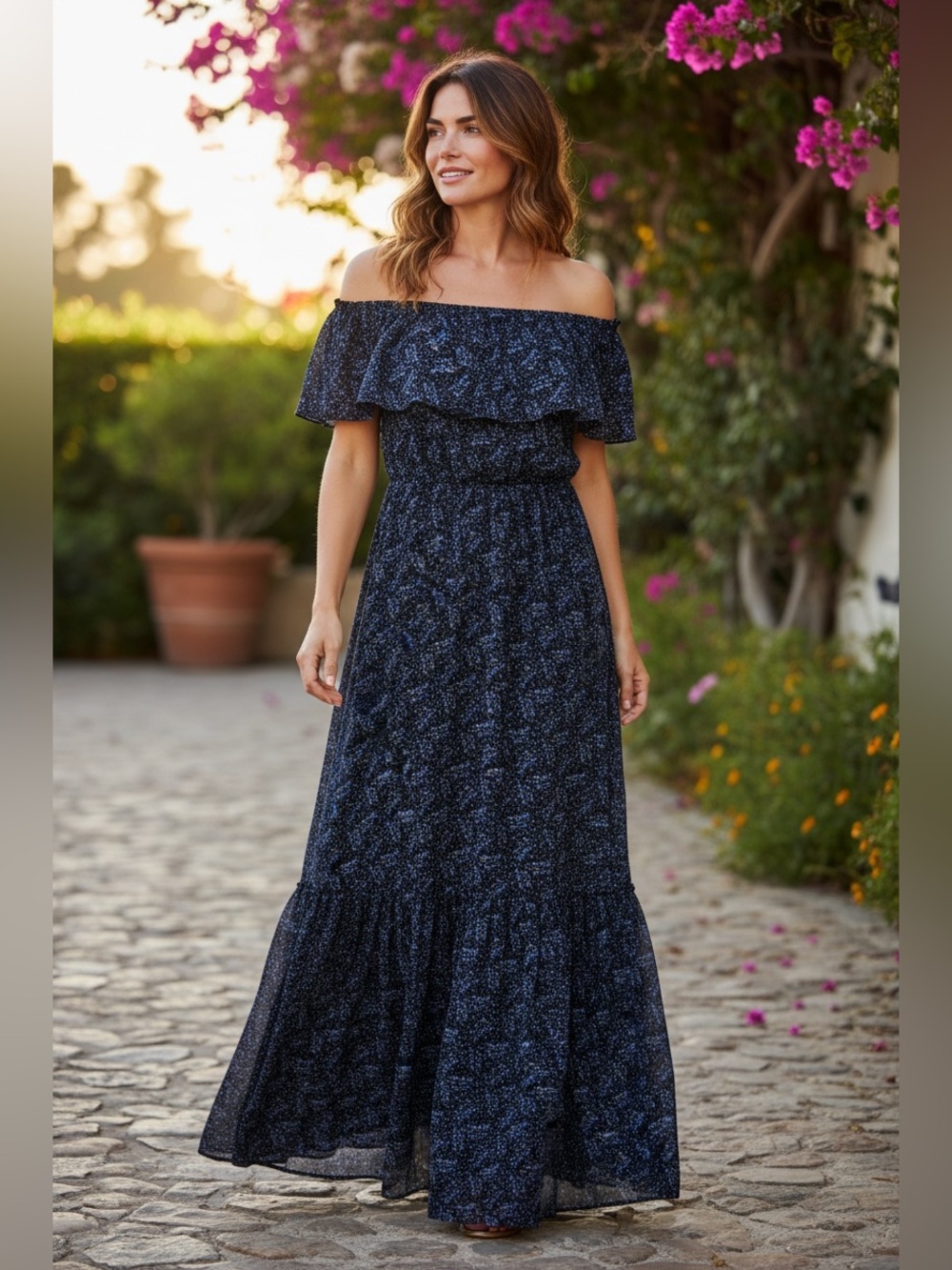 Laura Off-the-Shoulder Navy and Black Floral Maxi Dress